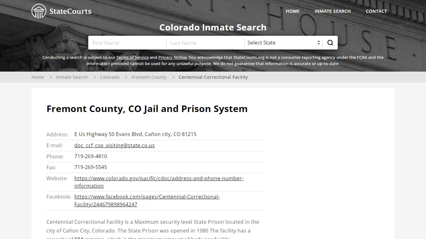Centennial Correctional Facility Inmate Records Search ...