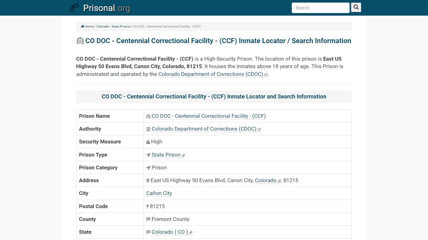 CO DOC - Centennial Correctional Facility - (CCF)-Inmate ...