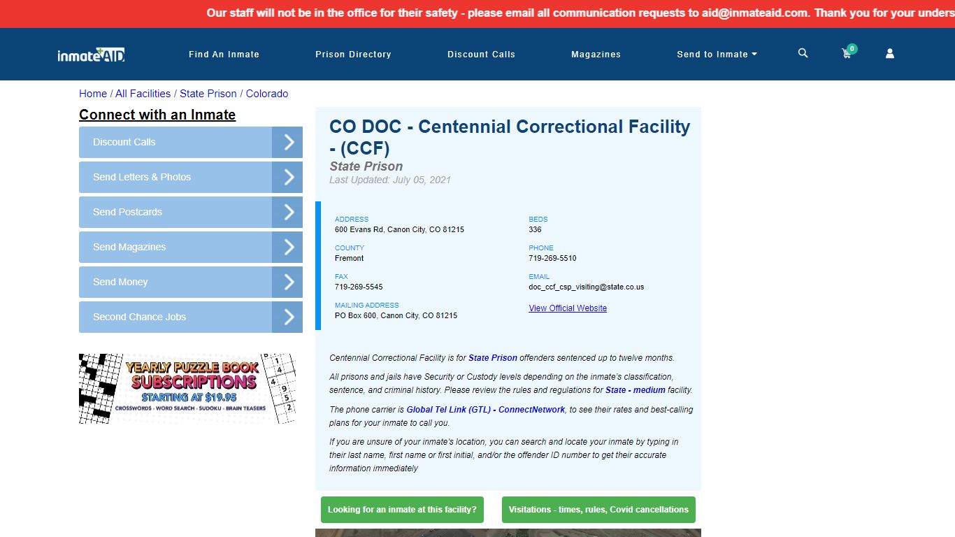 CO DOC - Centennial Correctional Facility - (CCF) & Inmate ...