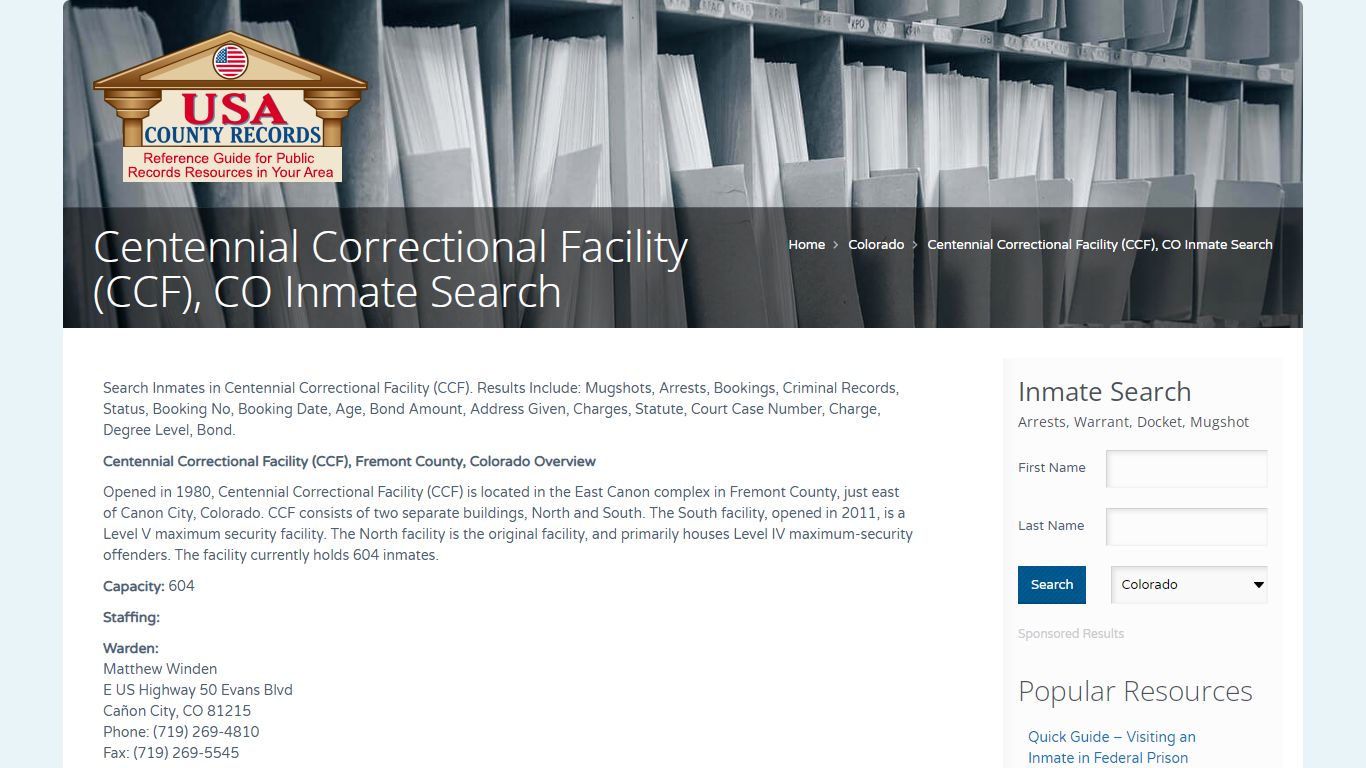 Centennial Correctional Facility (CCF), CO Inmate Search ...