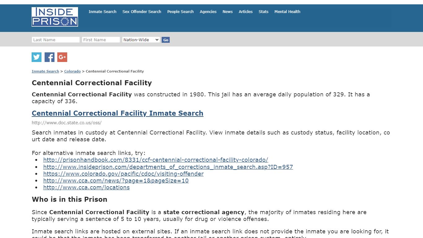Centennial Correctional Facility - Colorado - Inmate Search