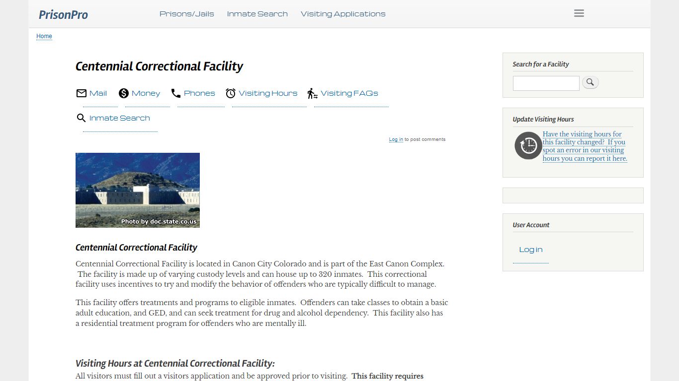 Centennial Correctional Facility Visiting hours, inmate ...